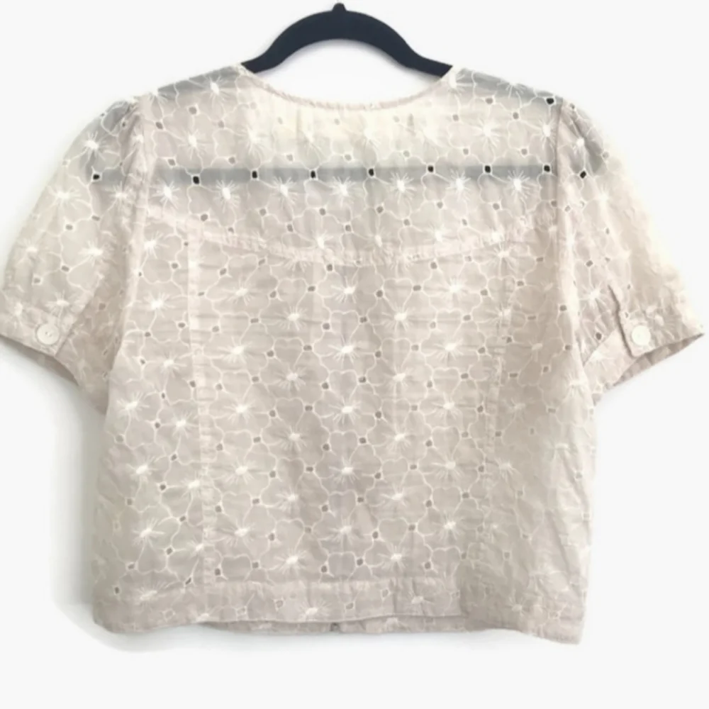 Anthropologie Cream Eyelet Ruffle Zip-Front Blouse